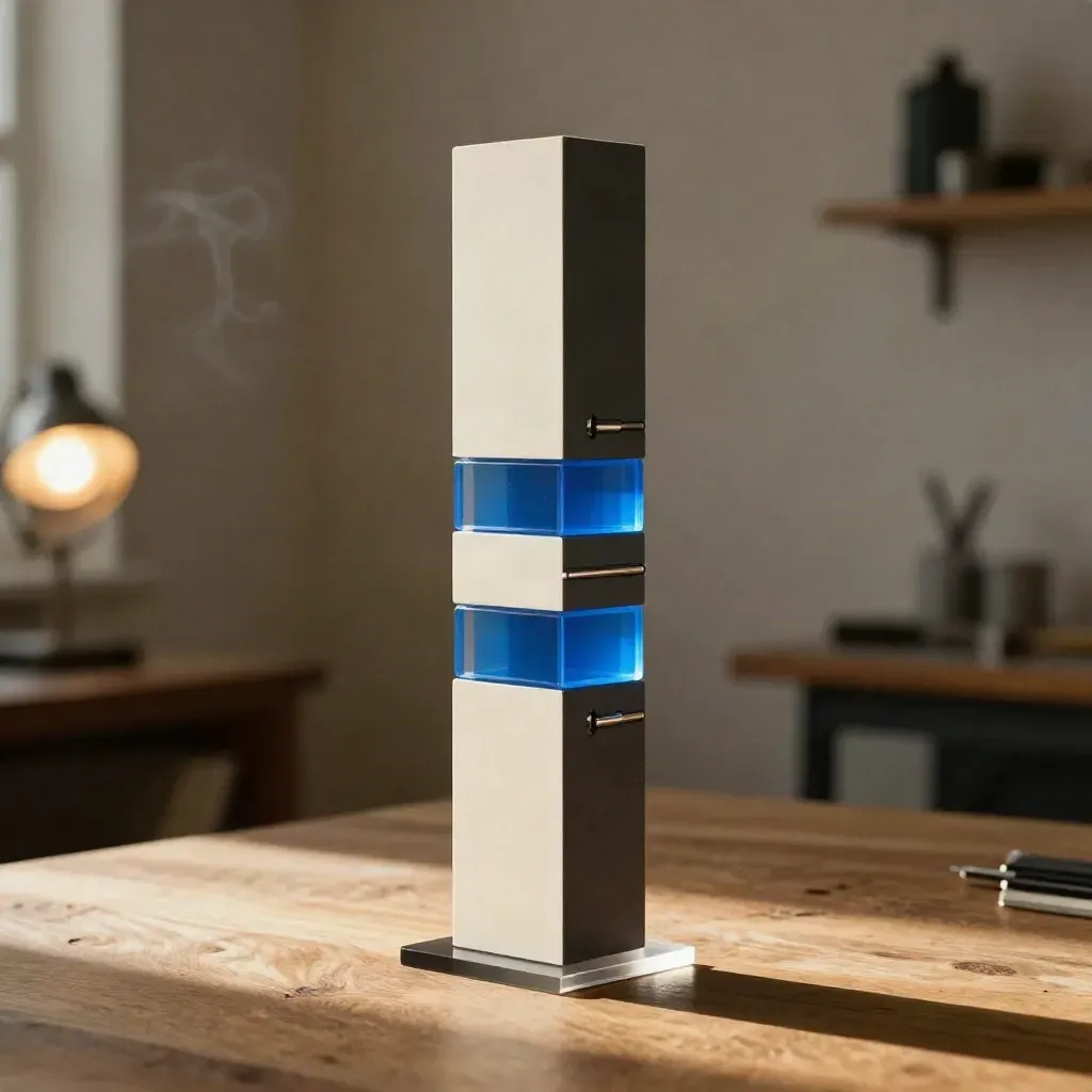 Vertical landing page maquette with blue accents in warm studio light