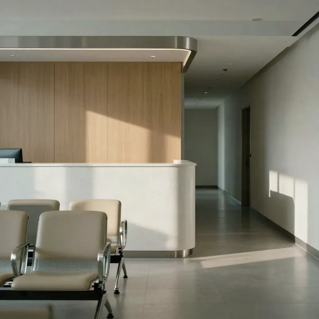 Empty clinic entrance with reception counter, aligned chairs, and a bright corridor.