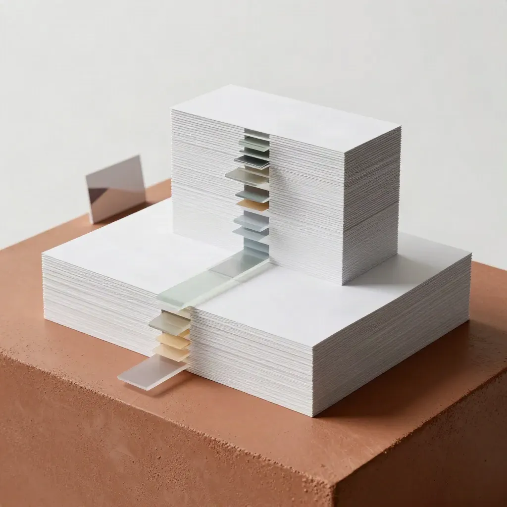 Layered SEO page blocks and linked tabs on concrete, arranged like a rising sitemap.