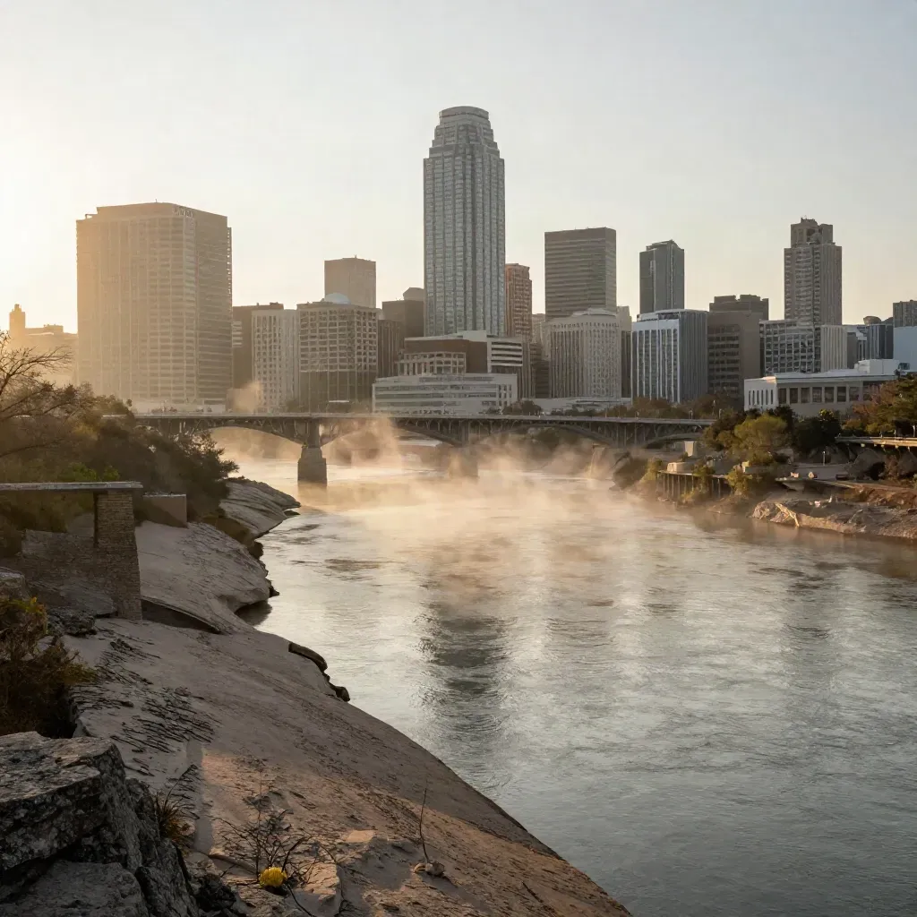 Austin skyline and Colorado River bend at sunrise in warm haze above calm limestone banks.