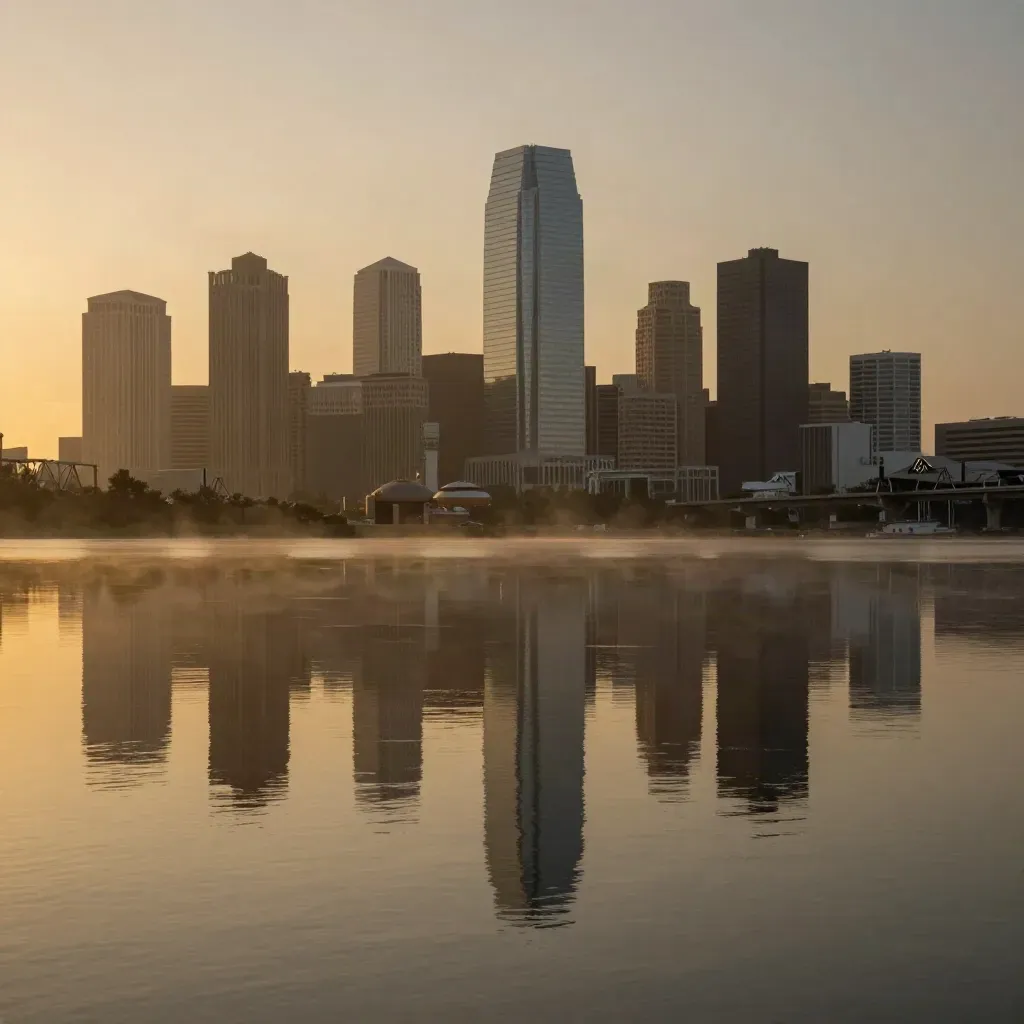 Houston skyline mirrored in a hazy bayou at sunset